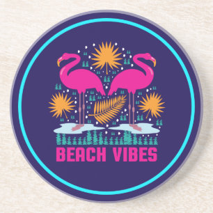 Beach Vibes Pink Flamingos Design Coaster