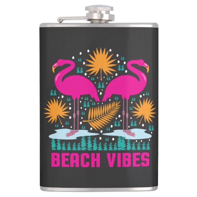 Beach Vibes Pink Flamingos Design Hip Flask (Front)