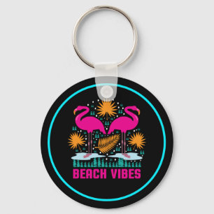 Beach Vibes Pink Flamingos Design Key Ring