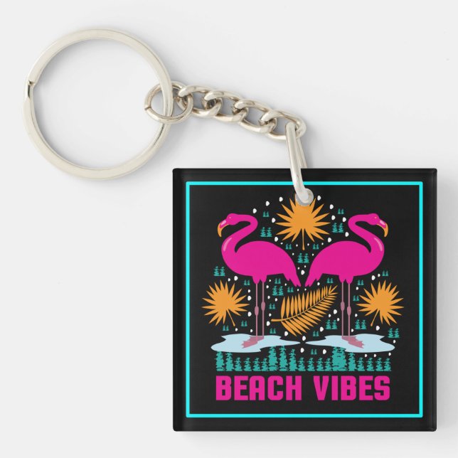 Beach Vibes Pink Flamingos Design Key Ring (Front)