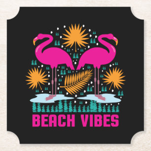 Beach Vibes Pink Flamingos Design Paper Coaster