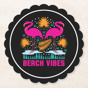 Beach Vibes Pink Flamingos Design Paper Coaster