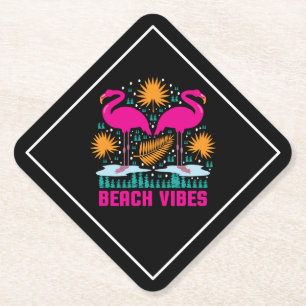 Beach Vibes Pink Flamingos Design Paper Coaster