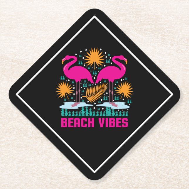 Beach Vibes Pink Flamingos Design Paper Coaster (Front)