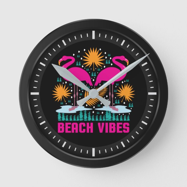 Beach Vibes Pink Flamingos Design Round Clock (Front)