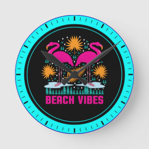 Beach Vibes Pink Flamingos Design Round Clock