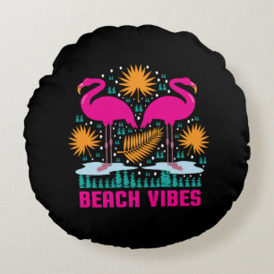 Beach Vibes Pink Flamingos Design Round Cushion