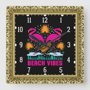 Beach Vibes Pink Flamingos Design Square Wall Clock
