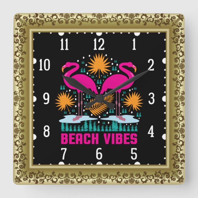 Beach Vibes Pink Flamingos Design Square Wall Clock (Front)