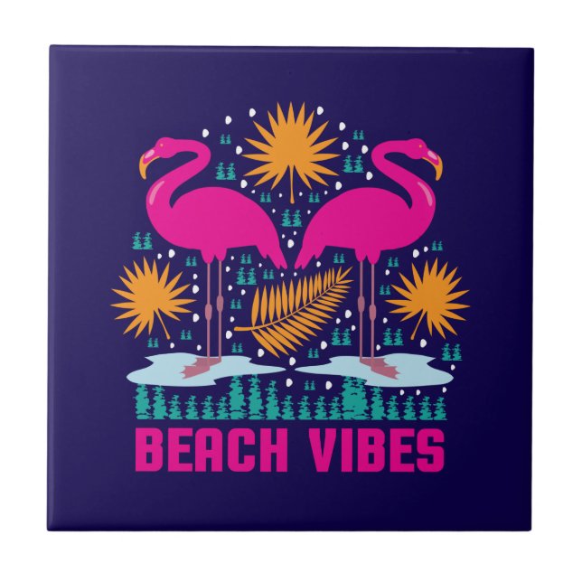 Beach Vibes Pink Flamingos Design Tile (Front)