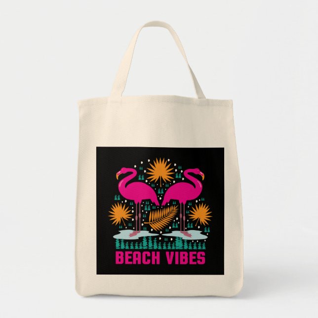 Beach Vibes Pink Flamingos Design Tote Bag (Front)