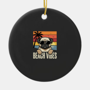 Beach Vibes Pug Dog Sunset Ceramic Tree Decoration