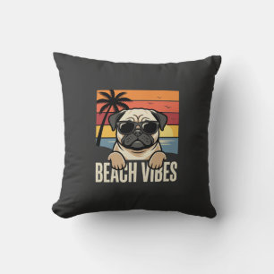 Beach Vibes Pug Dog Sunset Cushion