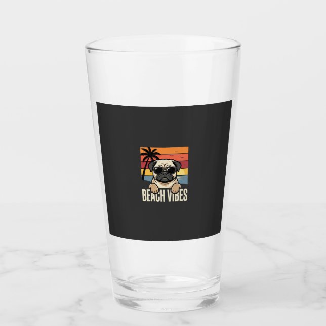 Beach Vibes Pug Dog Sunset Glass (Front)