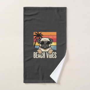 Beach Vibes Pug Dog Sunset Hand Towel