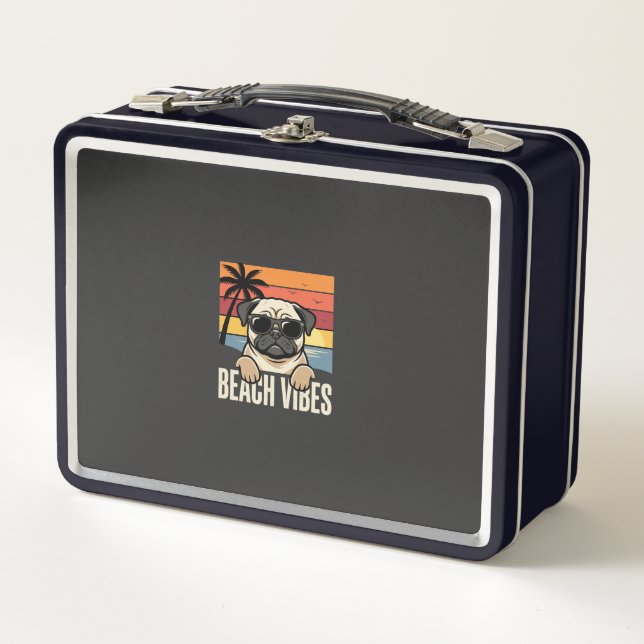 Beach Vibes Pug Dog Sunset Metal Lunch Box (Front)