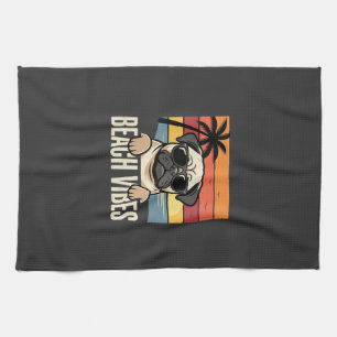Beach Vibes Pug Dog Sunset Tea Towel