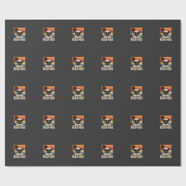 Beach Vibes Pug Dog Sunset Wrapping Paper (Flat)