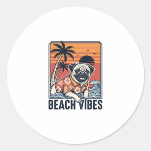 Beach Vibes Pug Vintage Engraving Design_1 Classic Round Sticker