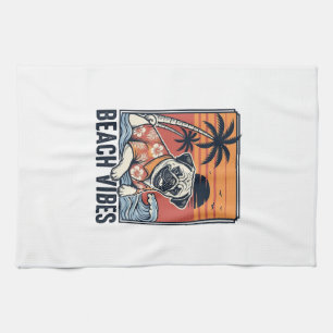 Beach Vibes Pug Vintage Engraving Design_1 Tea Towel