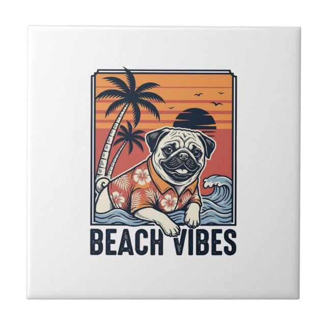 Beach Vibes Pug Vintage Engraving Design_1 Tile (Front)