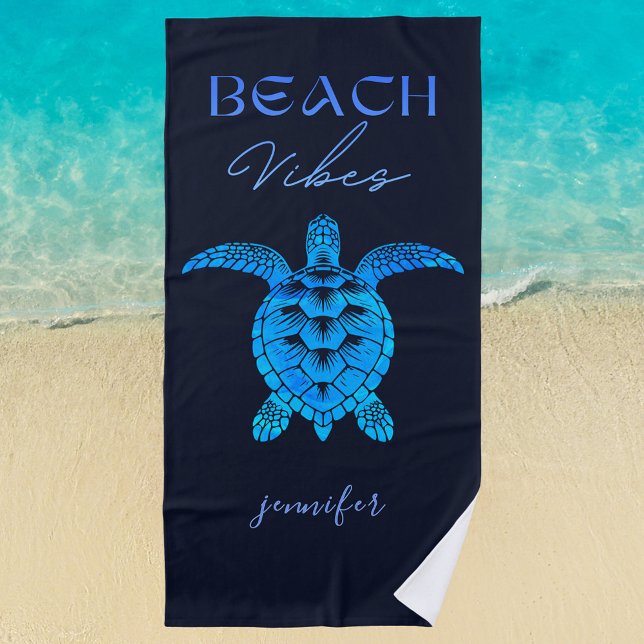Beach Vibes Sea Turtle Blue Personalised  Beach Towel (Beach Vibes sea turtle personalized beach towel)