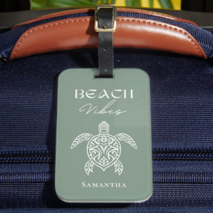 Beach Vibes Sea Turtle Personalised Sage Green Luggage Tag