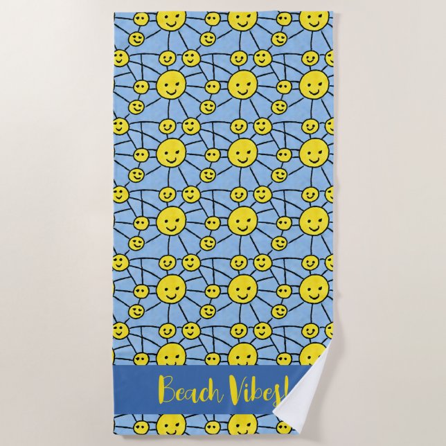 "Beach Vibes!" Smiling Sun Beach Towel (Front)