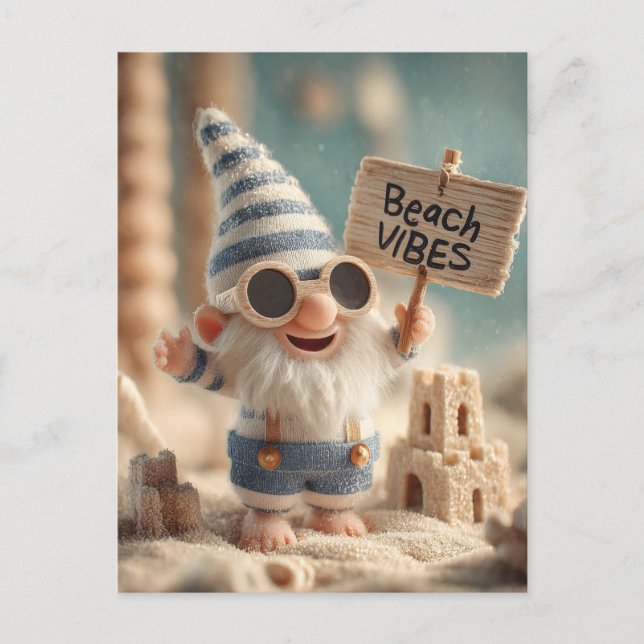 "Beach Vibes" Summer Garden Gnome Postcard (Front)
