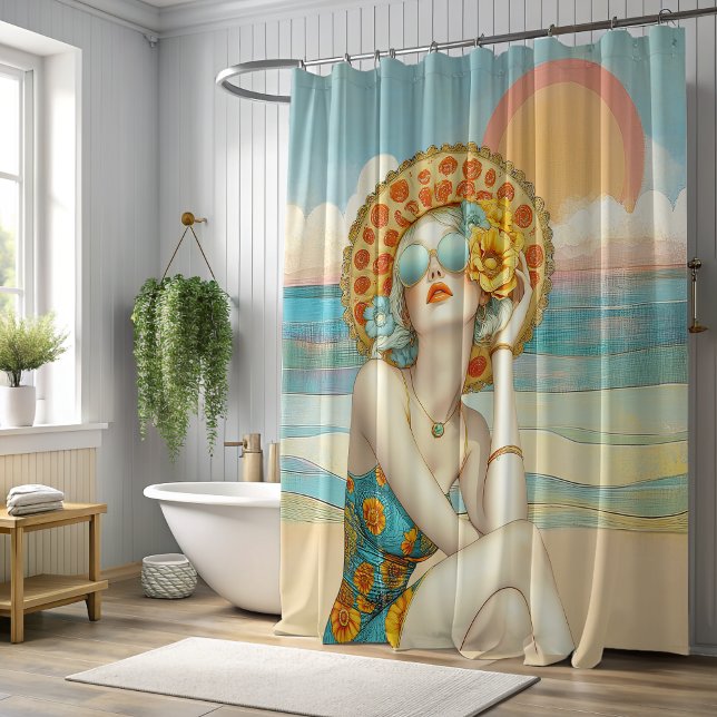 Beach Vibes Summer Glamour Girl in Sunglasses Shower Curtain (Glamorous beach vibes for your bathroom decor.)