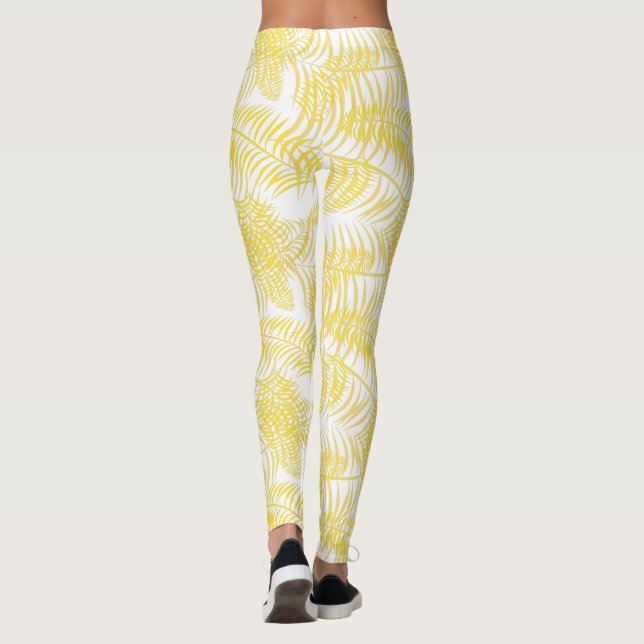 Beach Vibes Tropical Print Yellow White Leggings (Back)