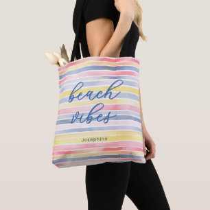 Beach Vibes Watercolor Pastel Stripe Personalised Tote Bag