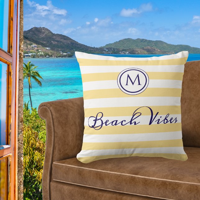 Beach Vibes Yellow Stripe Monogrammed Summer Cushion (A chic throw pillow with 'Beach Vibes' words, yellow and white nautical stripes and custom monogram)
