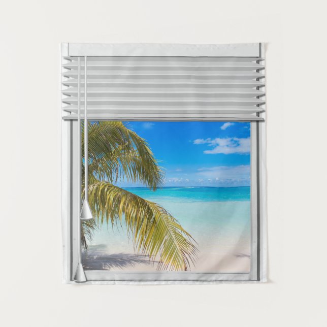 Beach View Artificial Window With Blinds Tapestry (Front)