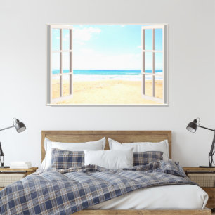 Beach View Fake Window Home Office Canvas Print