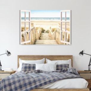 Beach View Fake Window Home Office Canvas Print