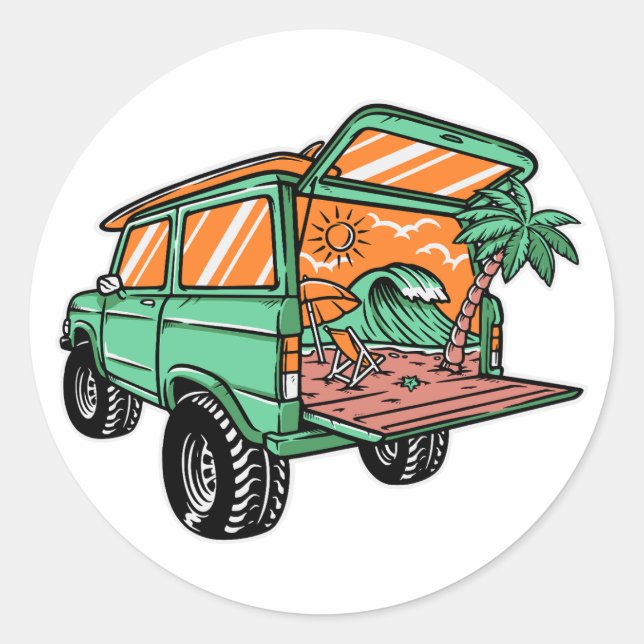 Beach View in the Car Illustration summer fun Classic Round Sticker (Front)