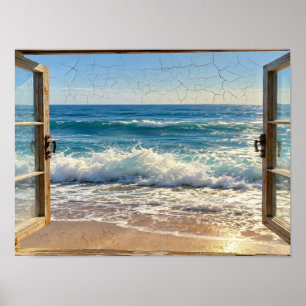Beach View Through Open Window Art Poster