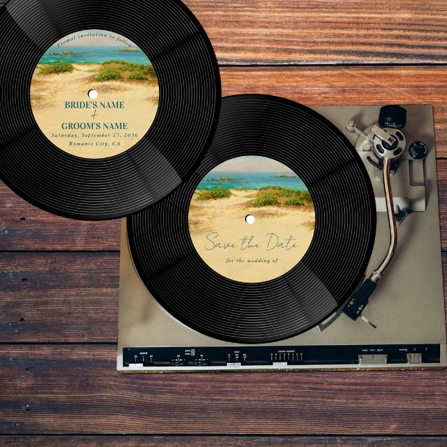 Beach Vinyl Music Record Wedding Save the Date Invitation (Beach Vinyl Music Record Wedding Save the Date Invitation)