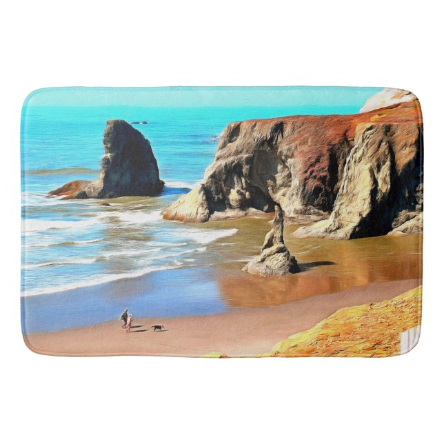 Beach Walk with Dog at Face Rock Park in Bandon Bath Mat (Front)