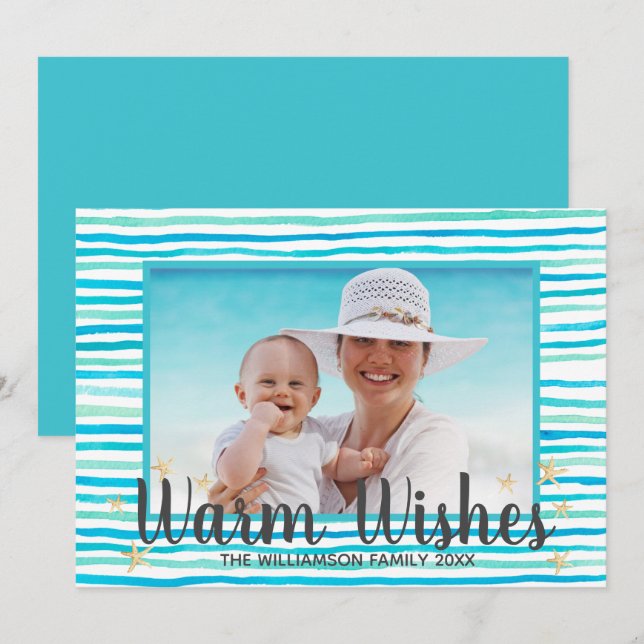 Beach Warm Wishes Turquoise Stripes Holiday Card (Front/Back)