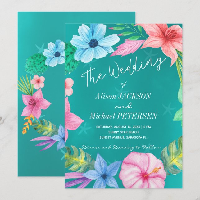 Beach water blue tropical floral wreath wedding invitation (Front/Back)