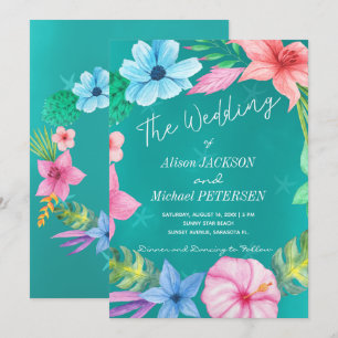 Beach water blue tropical floral wreath wedding invitation
