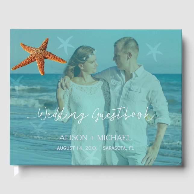 Beach water blue turquoise starfish wedding photo guest book (Front)