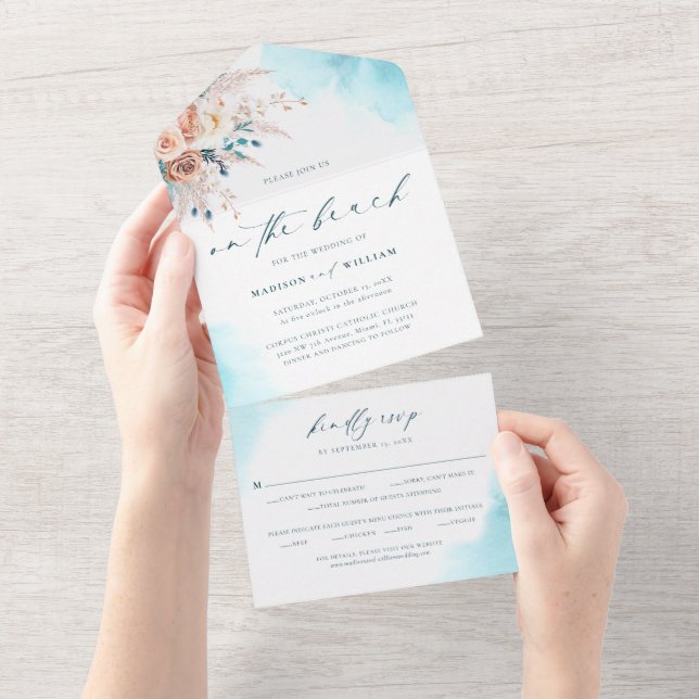 Beach Watercolor All in One Wedding Invitation (Tearaway)