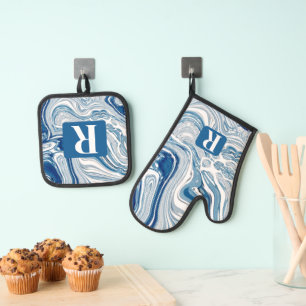 Beach Watercolor Blue Swirls Monogram Initial Oven Mitt & Pot Holder Set
