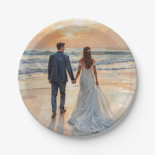 Beach Watercolor Bride & Groom Painted Wedding Paper Plate