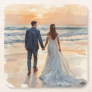 Beach Watercolor Bride & Groom Painted Wedding Square Paper Coaster