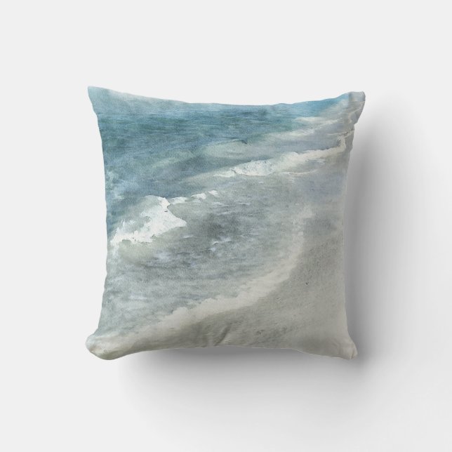 Beach Watercolor - Coastal Teal Dark Blue Waves Cushion (Front)