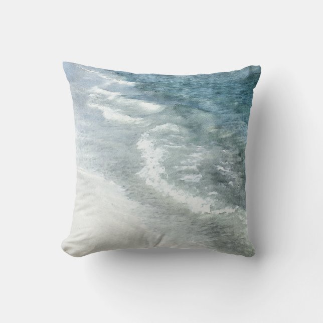 Beach Watercolor - Coastal Teal Dark Blue Waves Cushion (Front)